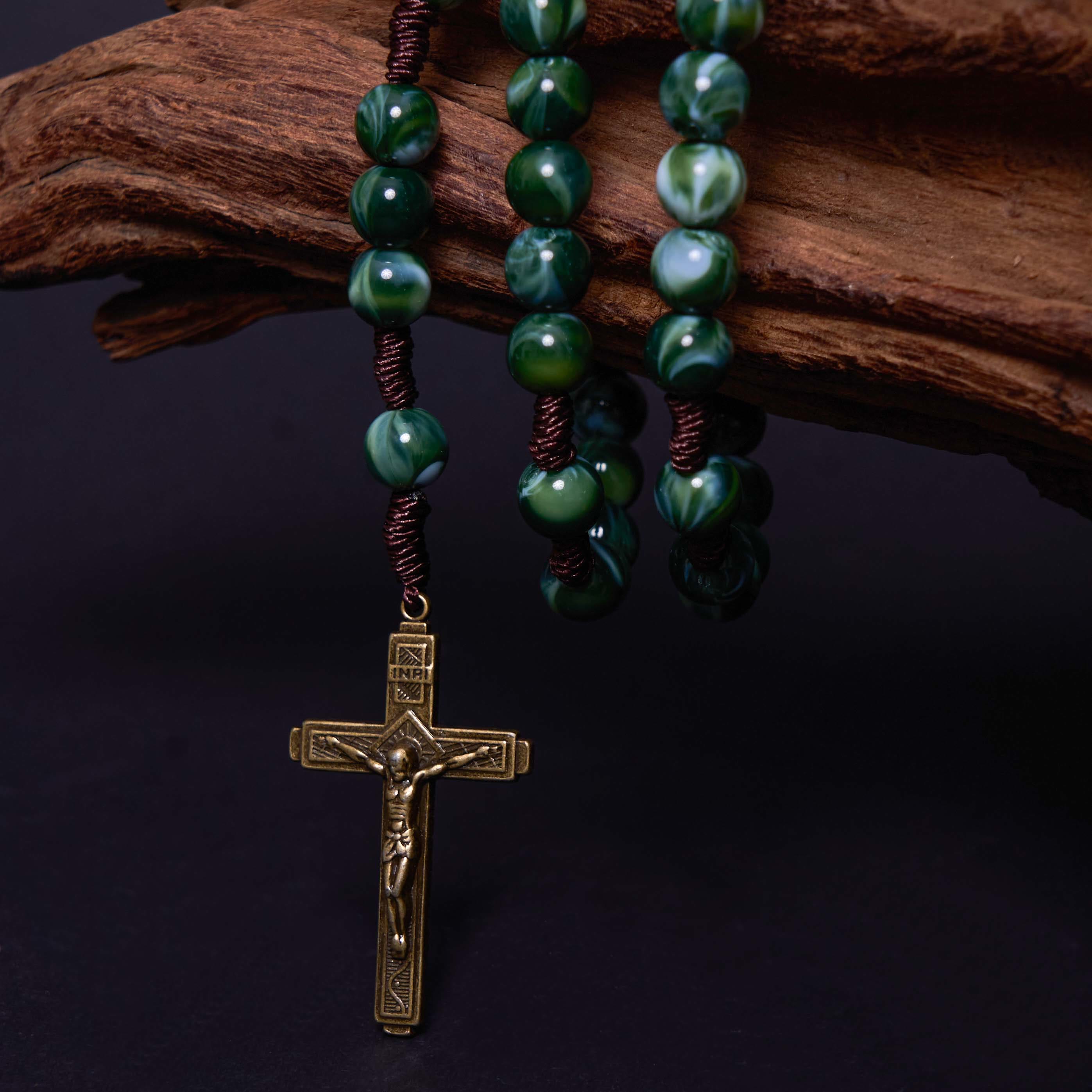 Our Lady of Guadalupe & Crucifix of 10 mm Round Green Agate Nylon Cord Rosary