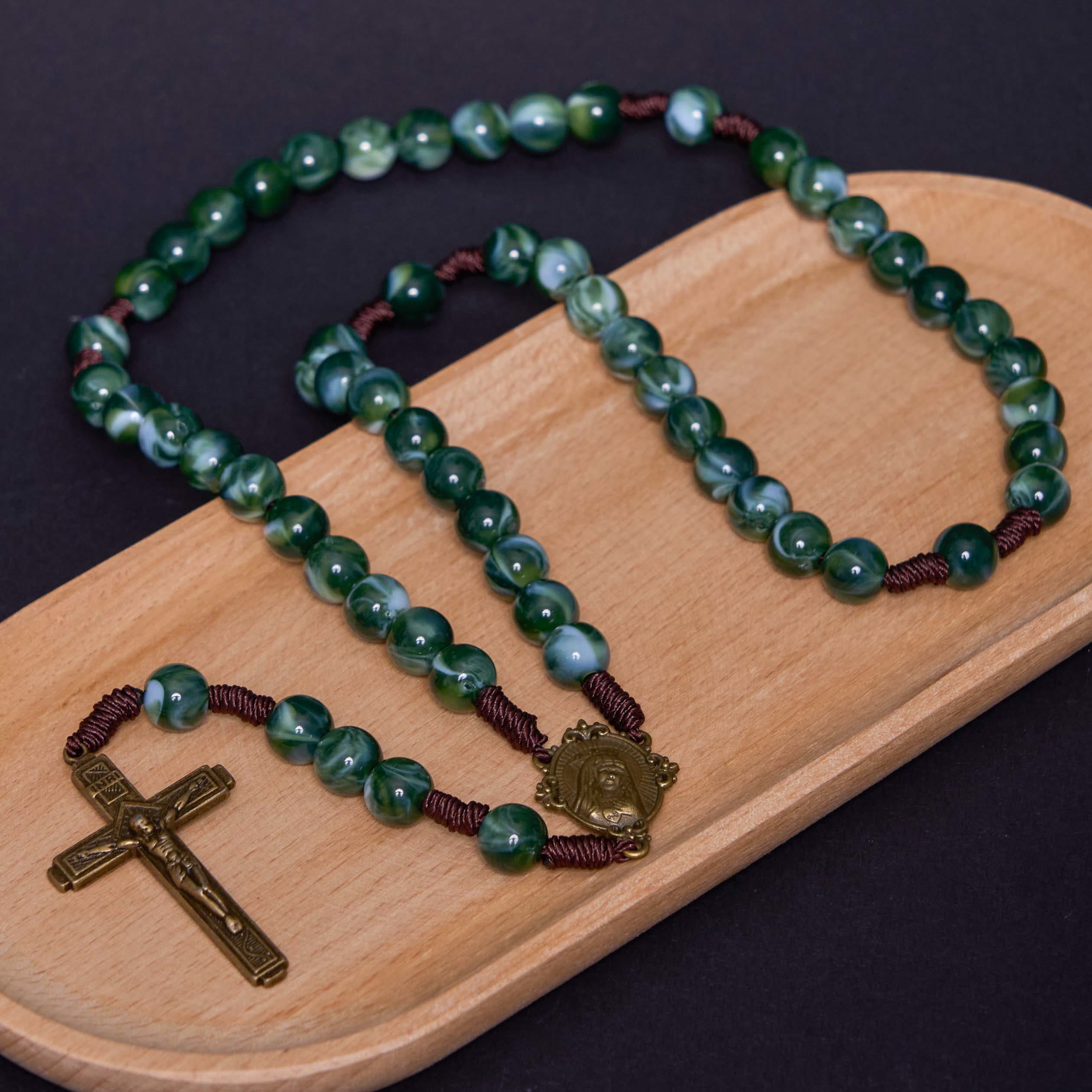 Our Lady of Guadalupe & Crucifix of 10 mm Round Green Agate Nylon Cord Rosary