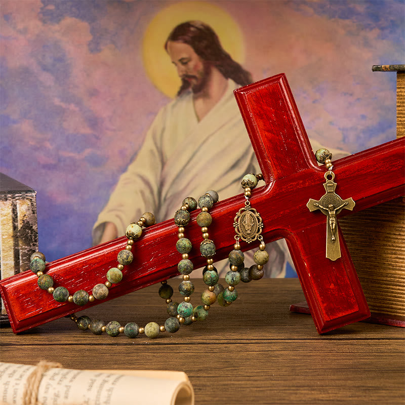 Style Miraculous Medal & Crucifix of 8mm Matte African Turquoise Handmade Rosary