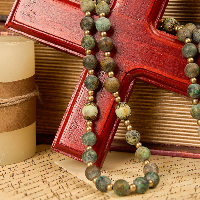 Style Miraculous Medal & Crucifix of 8mm Matte African Turquoise Handmade Rosary