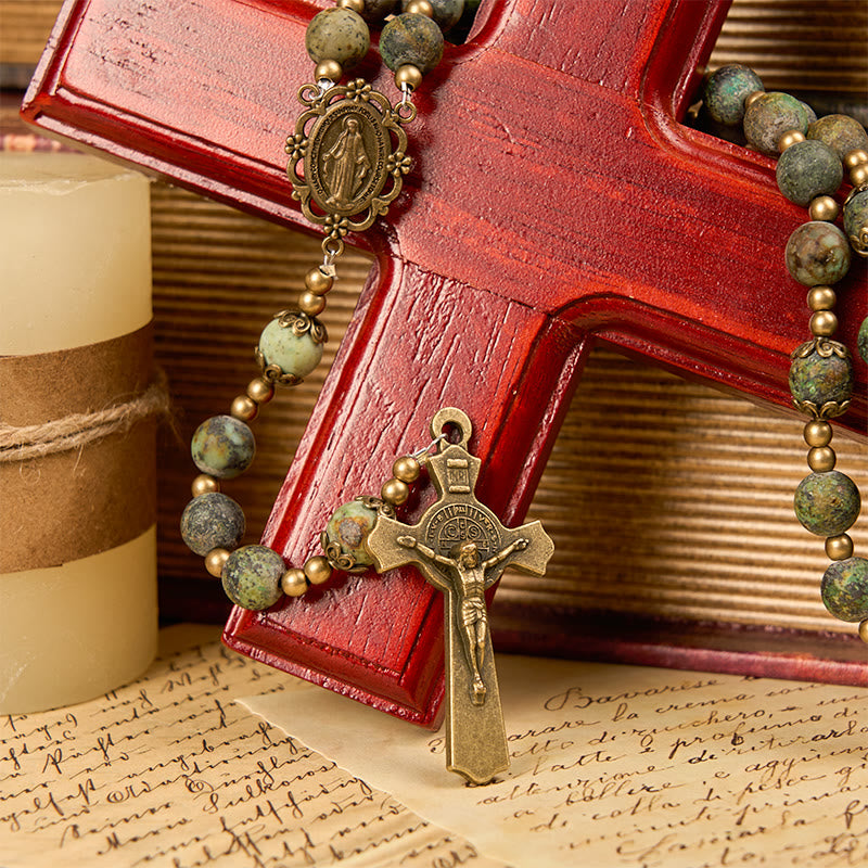Style Miraculous Medal & Crucifix of 8mm Matte African Turquoise Handmade Rosary
