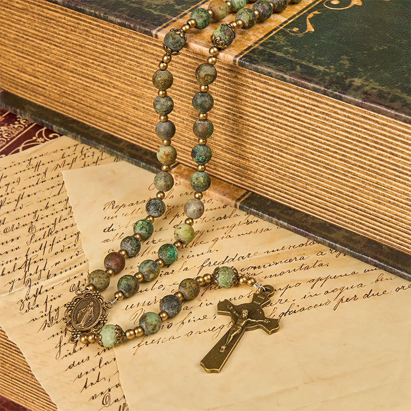 Style Miraculous Medal & Crucifix of 8mm Matte African Turquoise Handmade Rosary