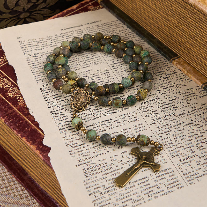 Style Miraculous Medal & Crucifix of 8mm Matte African Turquoise Handmade Rosary