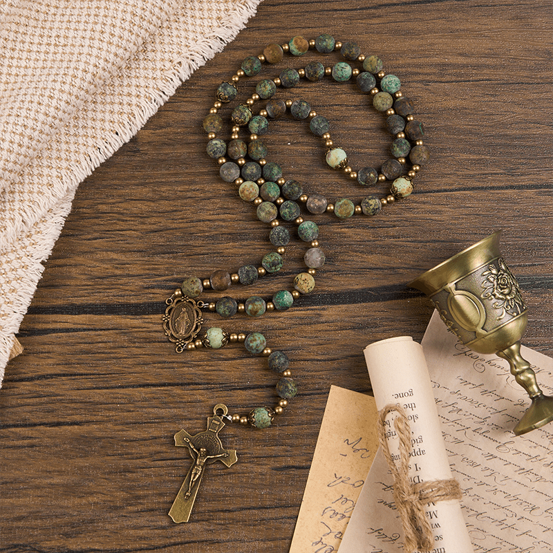 Style Miraculous Medal & Crucifix of 8mm Matte African Turquoise Handmade Rosary