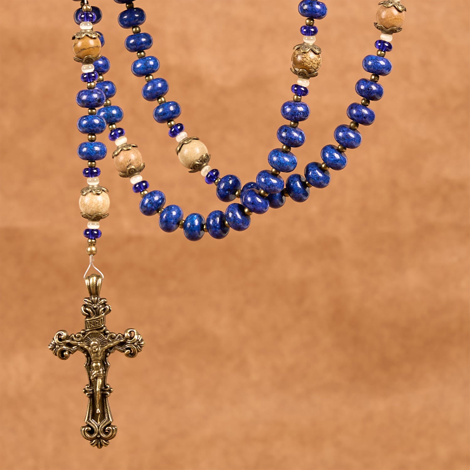 Handmade St. Therese of Lisieux Medal & Crucifix 8*10mm Oblate Lapis Lazuli & Map Stone Rosary