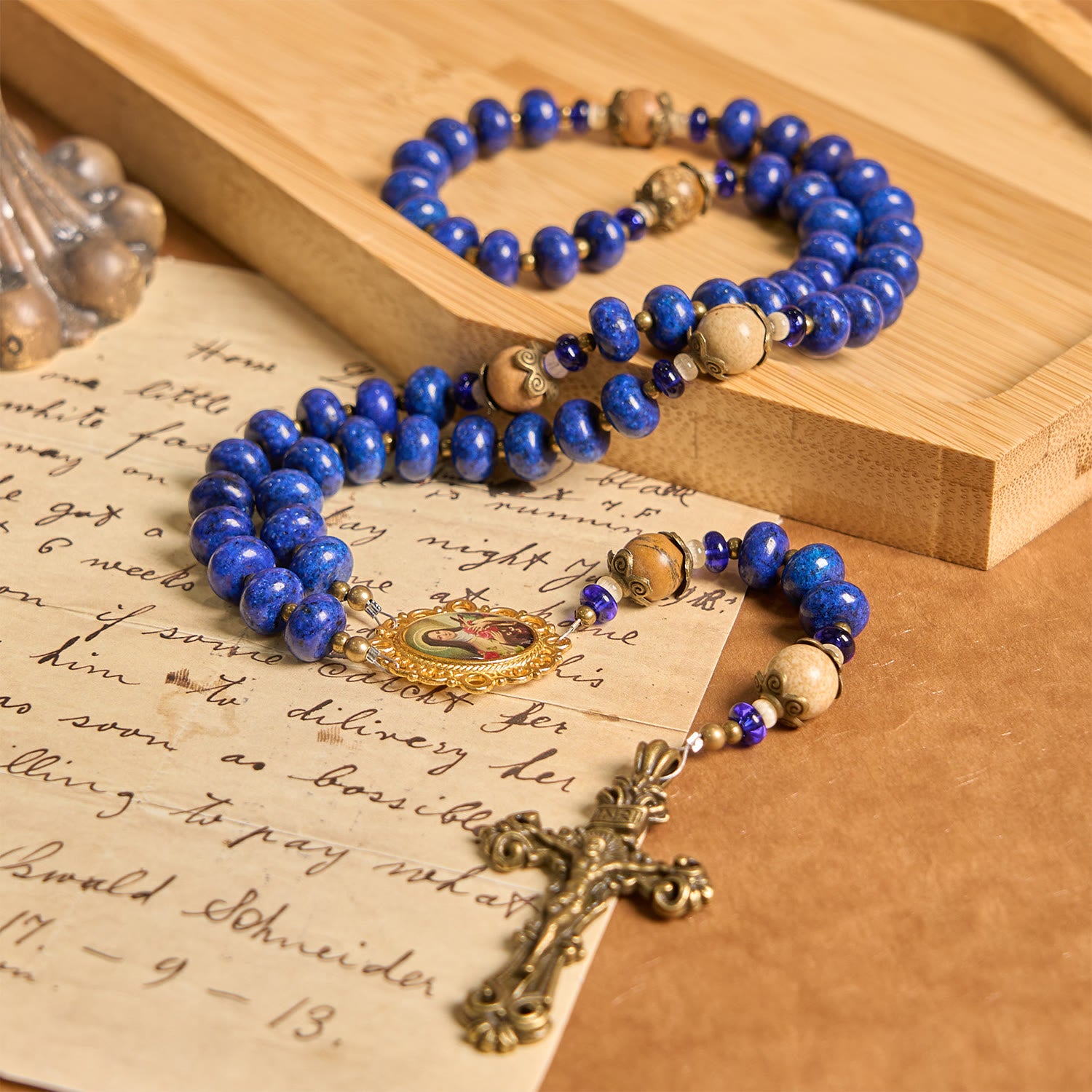 Handmade St. Therese of Lisieux Medal & Crucifix 8*10mm Oblate Lapis Lazuli & Map Stone Rosary