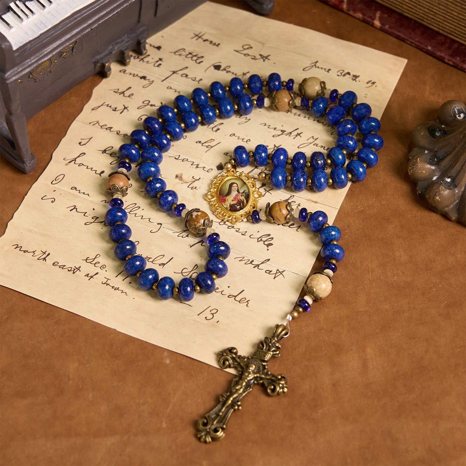 Handmade St. Therese of Lisieux Medal & Crucifix 8*10mm Oblate Lapis Lazuli & Map Stone Rosary
