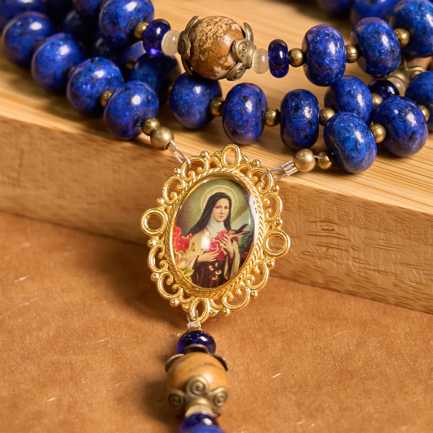 Handmade St. Therese of Lisieux Medal & Crucifix 8*10mm Oblate Lapis Lazuli & Map Stone Rosary