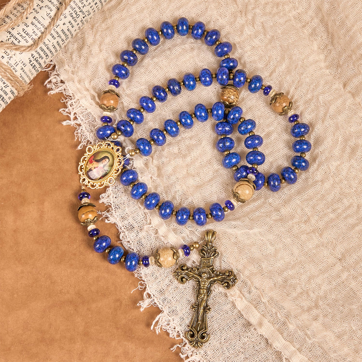 Handmade St. Therese of Lisieux Medal & Crucifix 8*10mm Oblate Lapis Lazuli & Map Stone Rosary