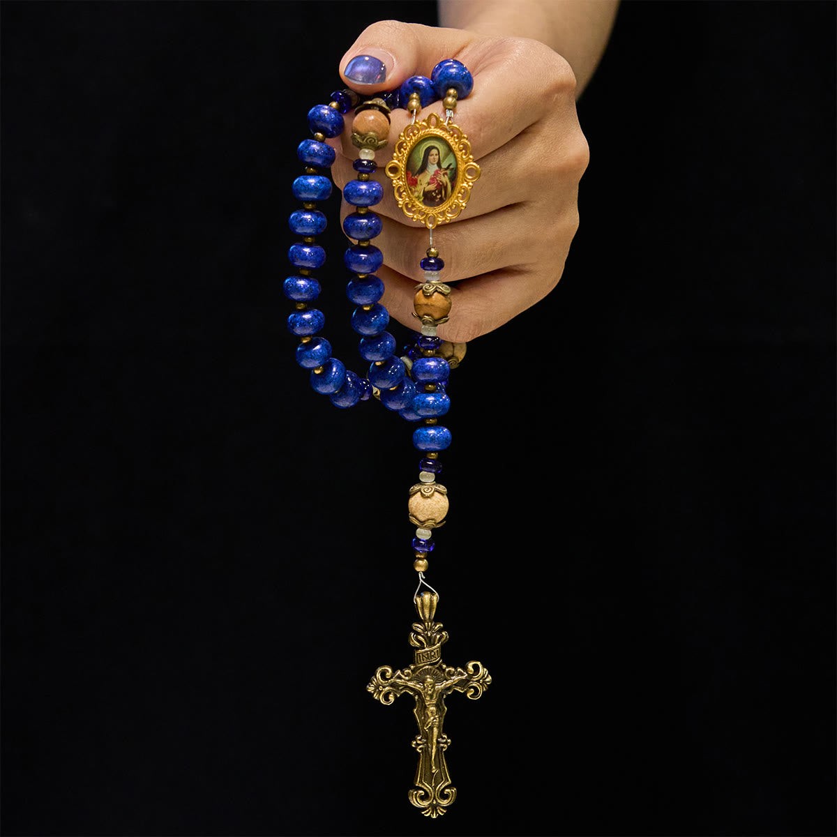 Handmade St. Therese of Lisieux Medal & Crucifix 8*10mm Oblate Lapis Lazuli & Map Stone Rosary