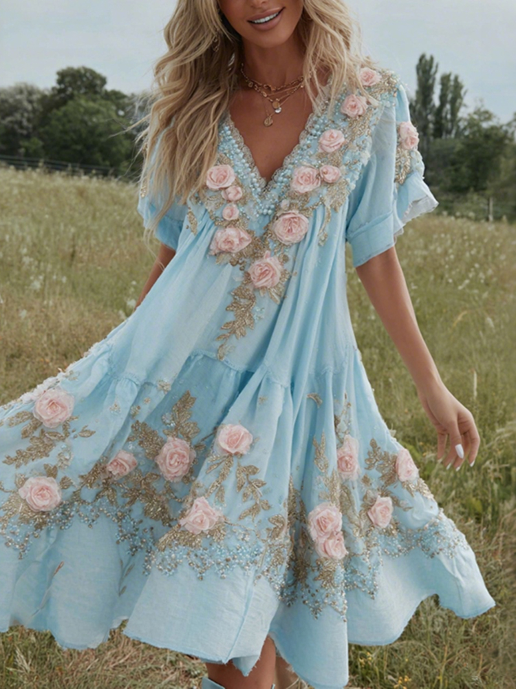 Women's Pink Floral Art Print Flowy Linen Blend Casual Short Sleeve Dress
