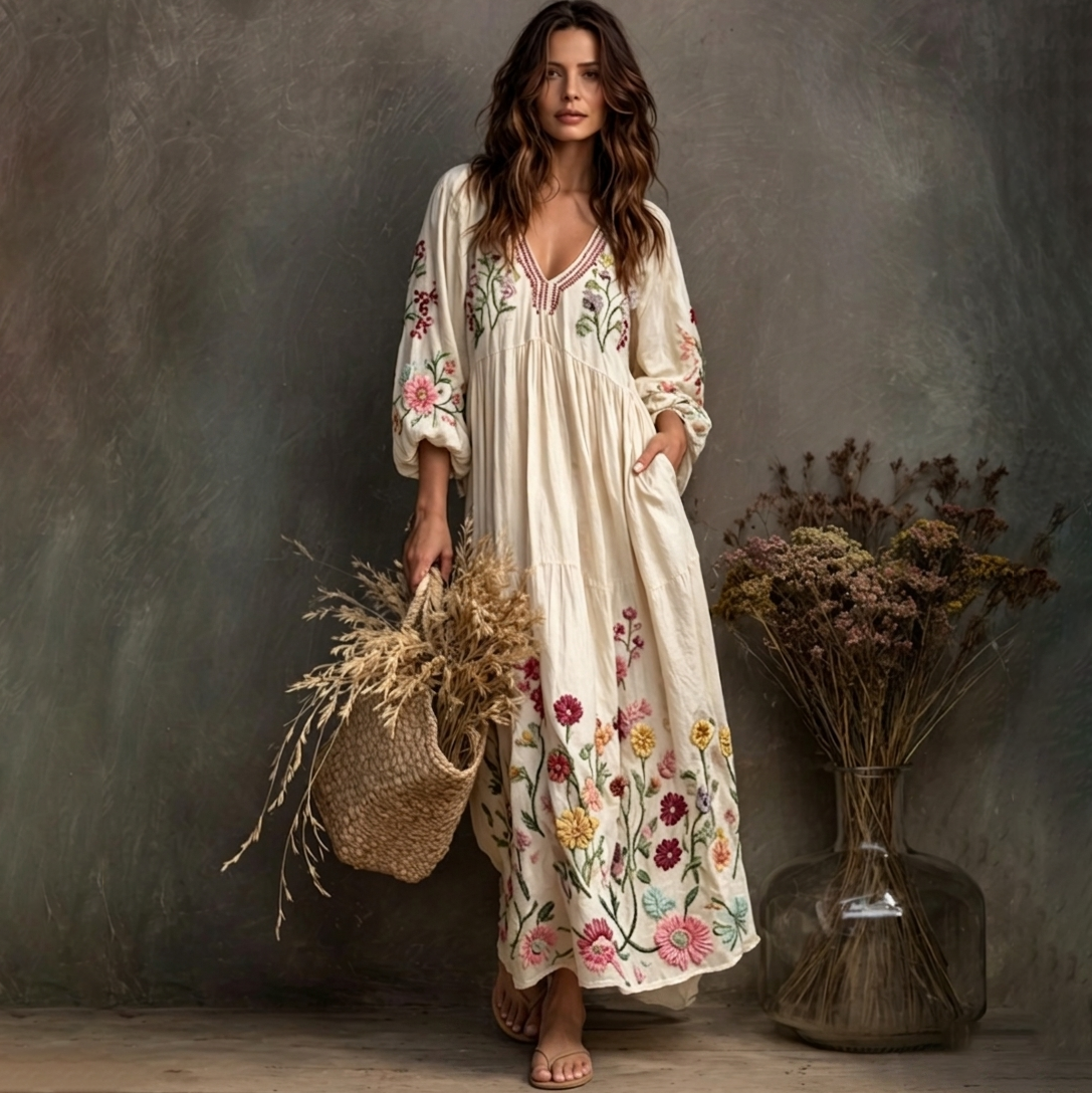 Women's Vintage Floral Design Linen Maxi Dress