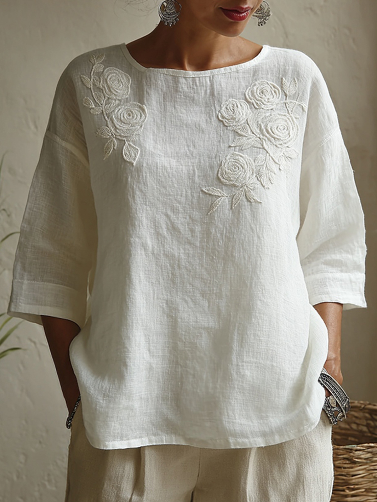 Women's Vintage Floral Embroidered Art Flowy Casual Tops
