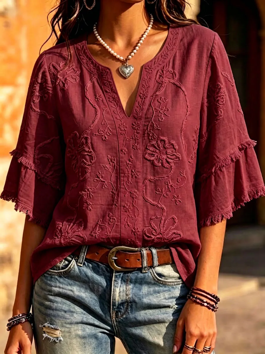 Women'S   Cotton Linen Floral Print Top
