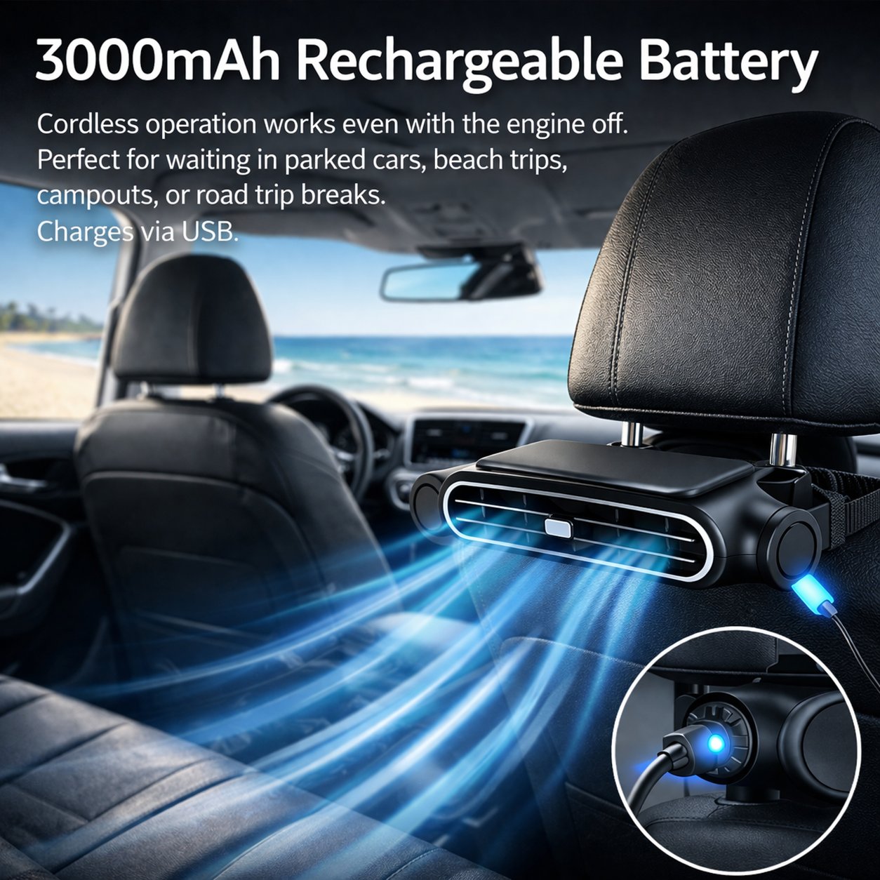 Universal Cordless Car Seat Cooling Fan (For Front or Back Seat Cooling)
