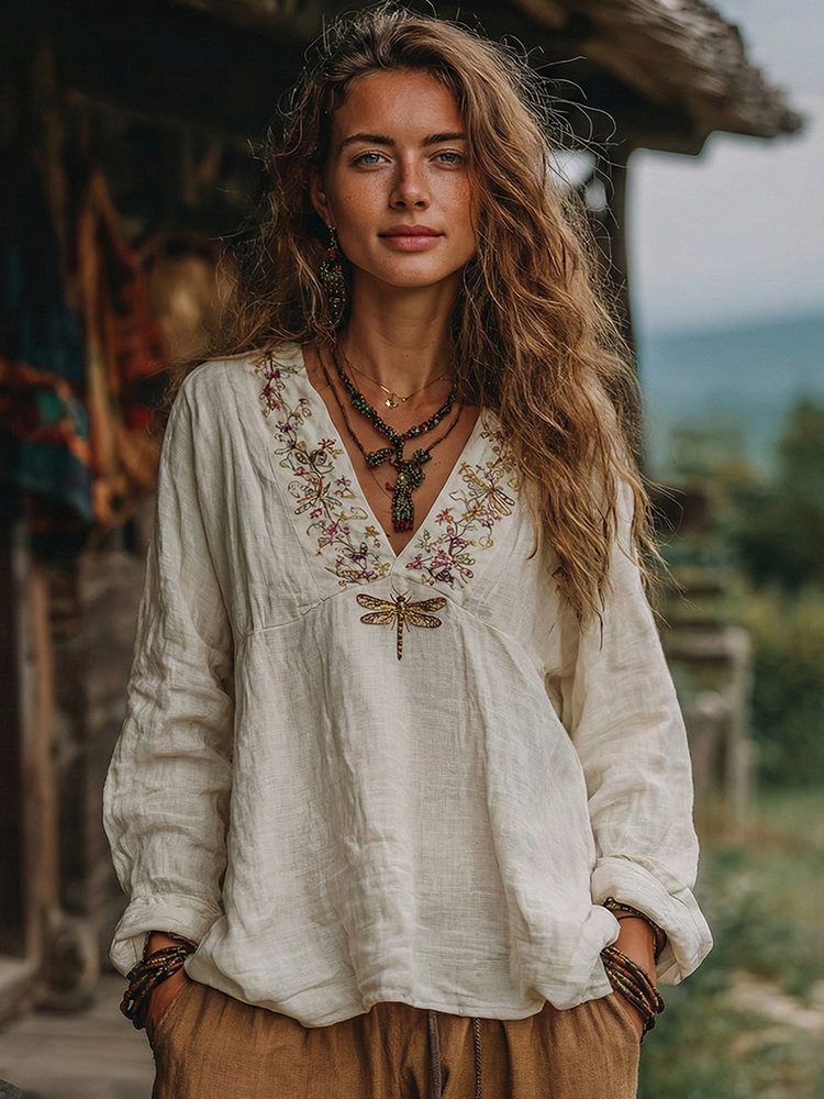 Women's Vacation Boho Floral With Dragonfly Print V-neck Linen Blend Tops