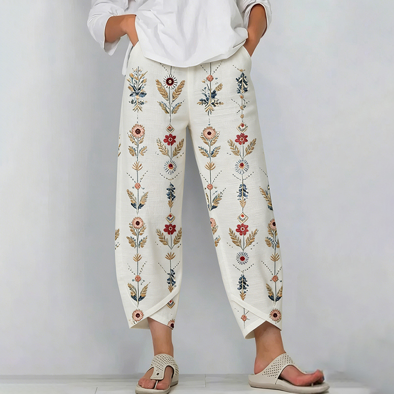 Women's Retro Bohemian Floral Pattern Casual Linen Capri Pants