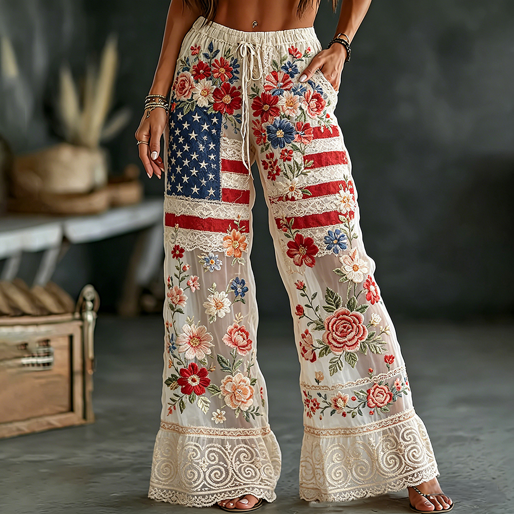 Women's Retro Floral Flag Elastic Cotton Linen Pants