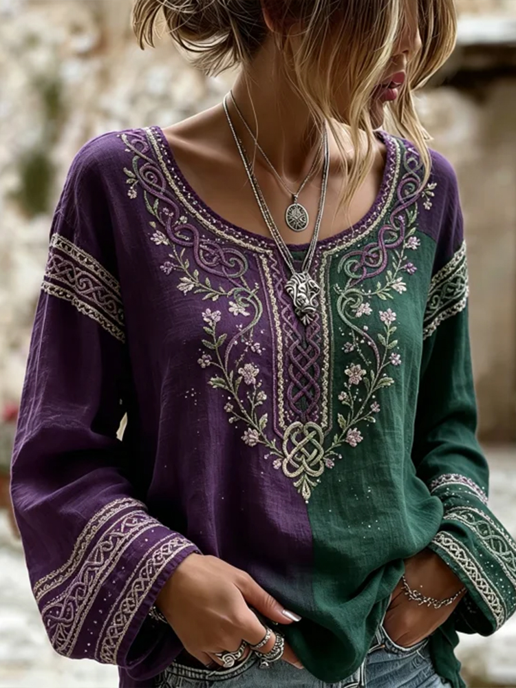 Women's Tree Of Life And Celtic Knot Floral Art Spliced Cotton Linen Blend Comfortable Casual Crew Neck Top