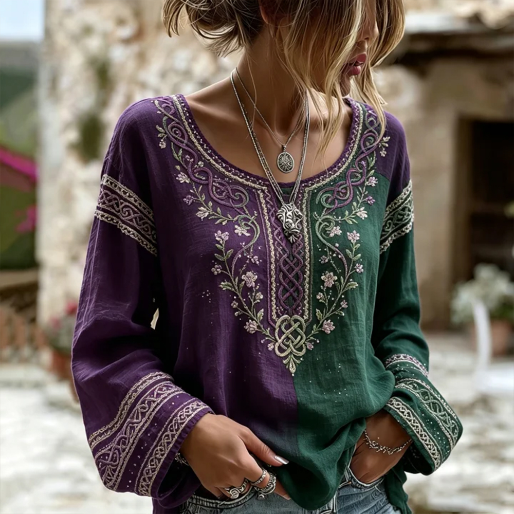 Women's Tree Of Life And Celtic Knot Floral Art Spliced Cotton Linen Blend Comfortable Casual Crew Neck Top