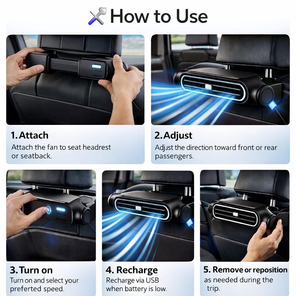 Universal Cordless Car Seat Cooling Fan (For Front or Back Seat Cooling)