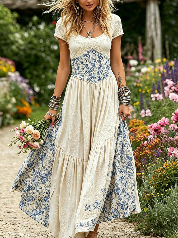 Women's Floral And Patchwork Art Embroidered Linen Blend Round Neck Dress