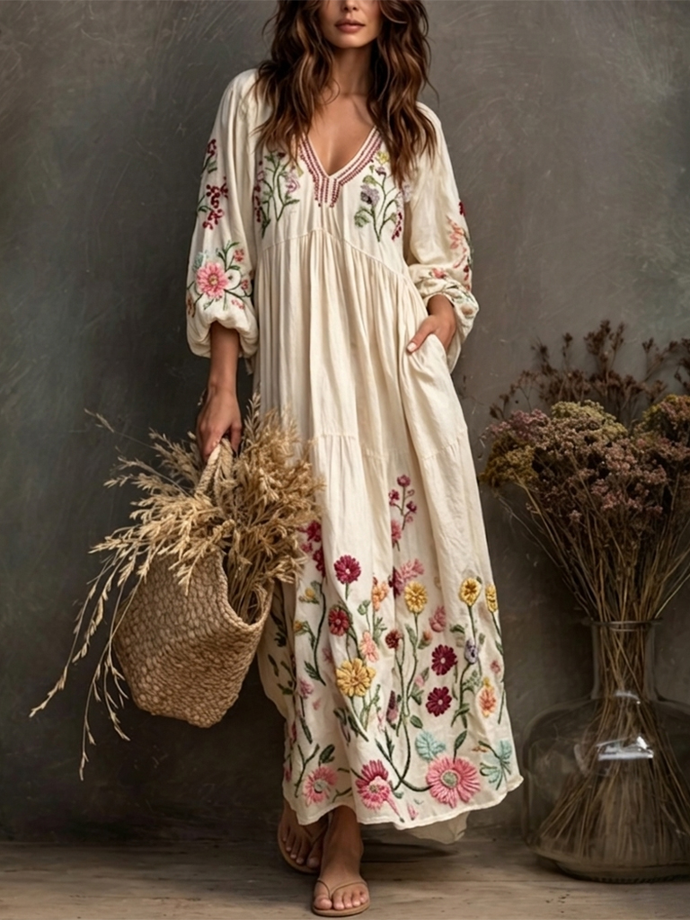 Women's Vintage Floral Design Linen Maxi Dress