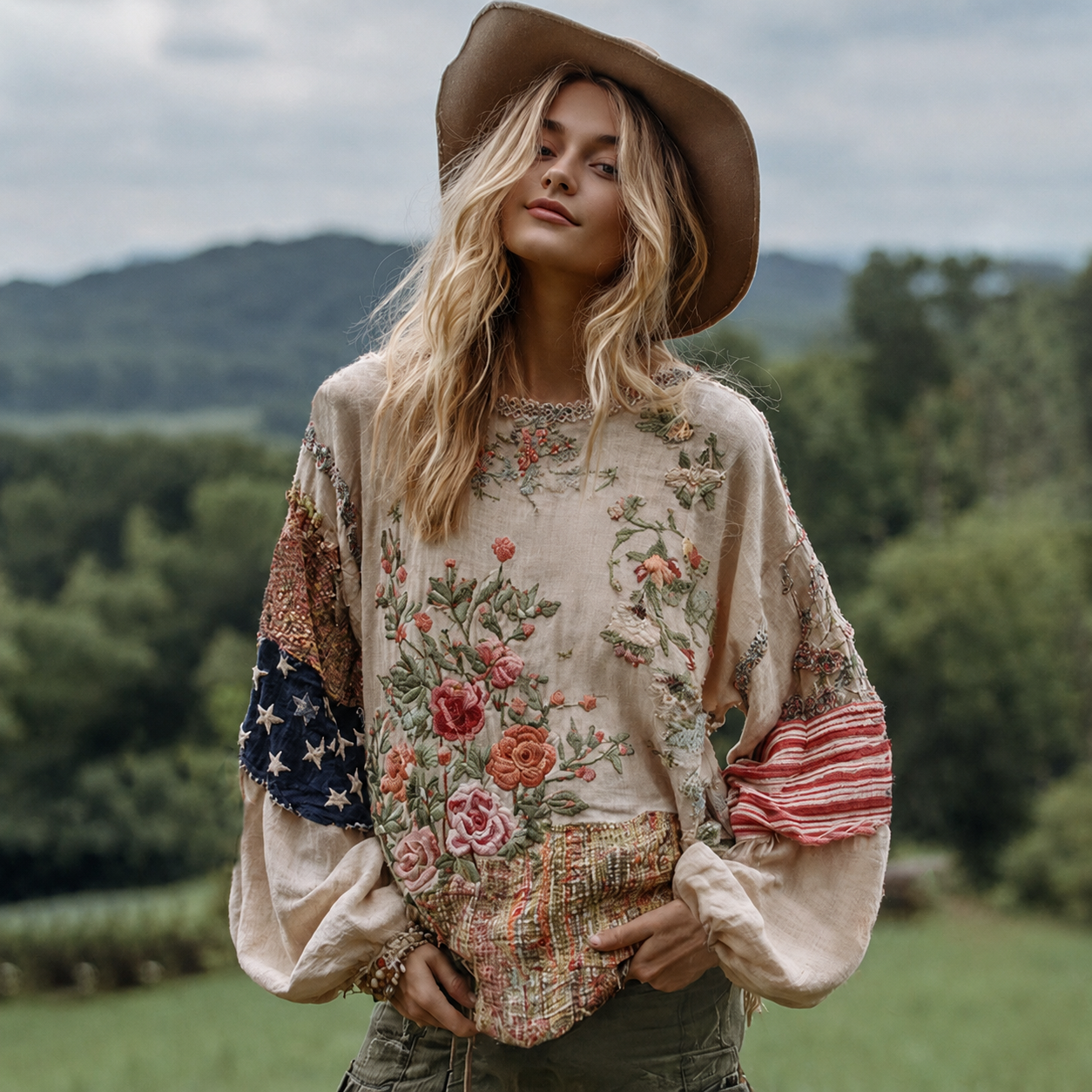 250th Anniversary American Vintage Bohemian Patchwork Blouse - Floral Embroidered Lantern Sleeve Top