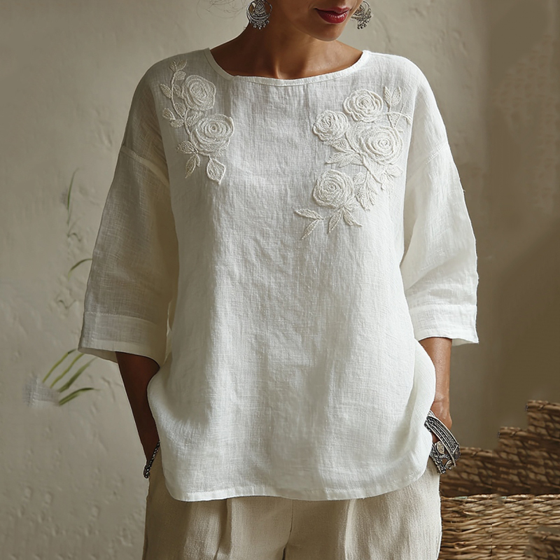 Women's Vintage Floral Embroidered Art Flowy Casual Tops