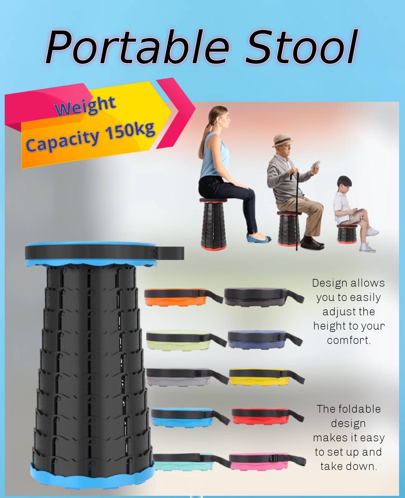 Telescopic Stool for Adults/Kids | Portable, Compact & Adjustable Seating