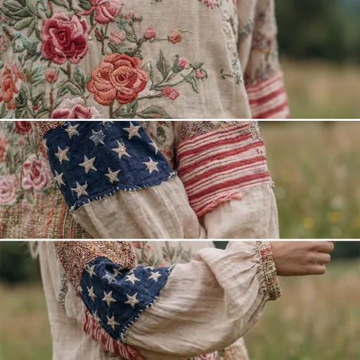 250th Anniversary American Vintage Bohemian Patchwork Blouse - Floral Embroidered Lantern Sleeve Top