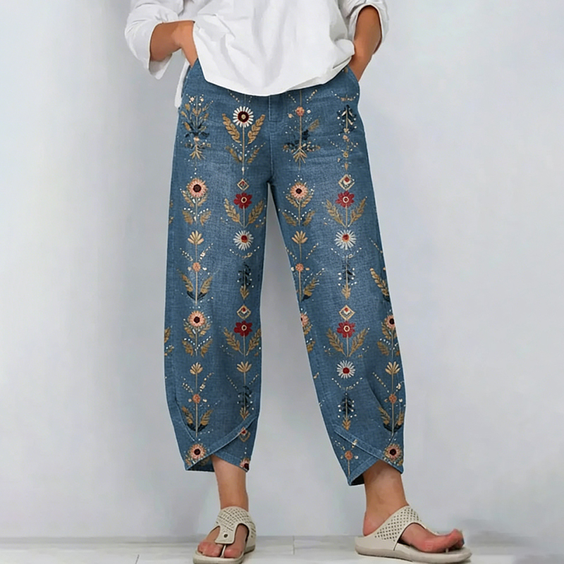 Women's Retro Bohemian Floral Pattern Casual Linen Capri Pants