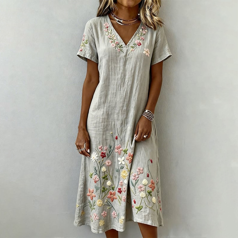 Women's Japanese Floral Art Linen-blend V Neck Maxi Dress