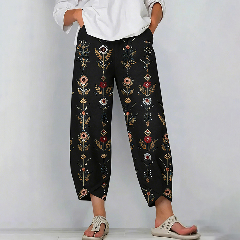 Women's Retro Bohemian Floral Pattern Casual Linen Capri Pants