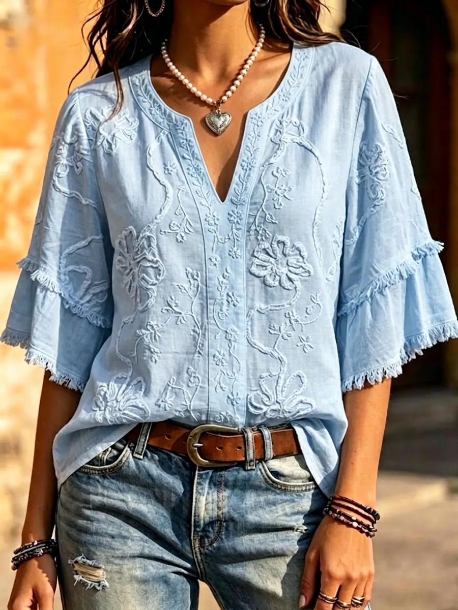 Women'S   Cotton Linen Floral Print Top