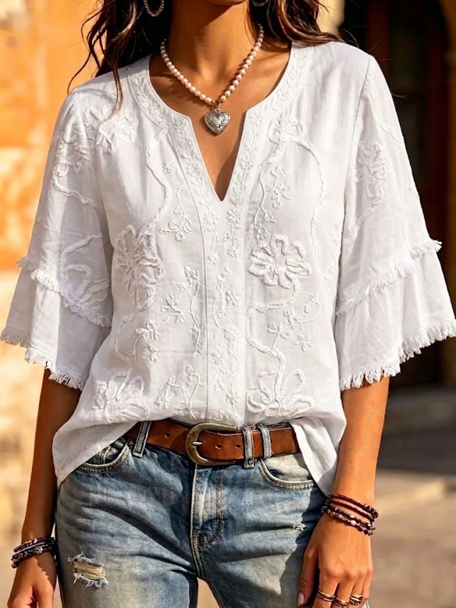 Women'S   Cotton Linen Floral Print Top