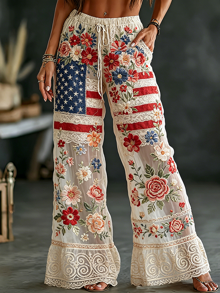 Women's Retro Floral Flag Elastic Cotton Linen Pants