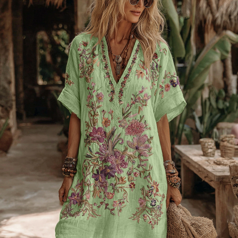 Women's Floral Embroidery Art V Neck Comfy Midi Dress