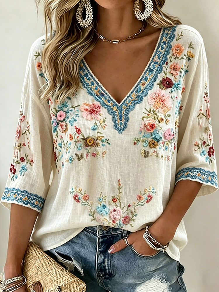 Women's Retro Floral Art Embroidery Casual V-neck Cotton Linen T-shirt