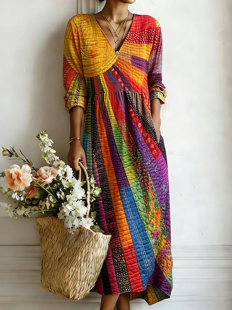 Women's Bohemian Vintage Colorful Sun Collage Art Print Flowy Linen Blend Casual Dress