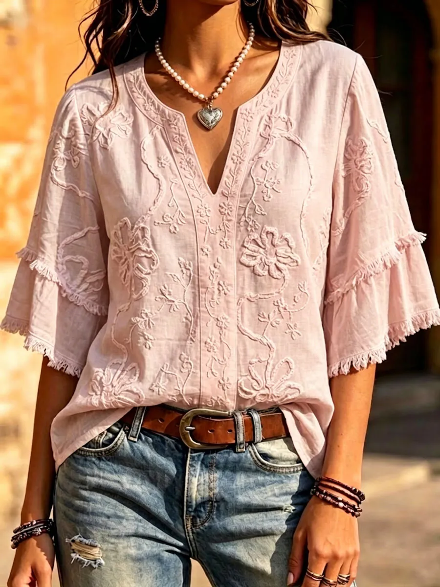 Women'S   Cotton Linen Floral Print Top