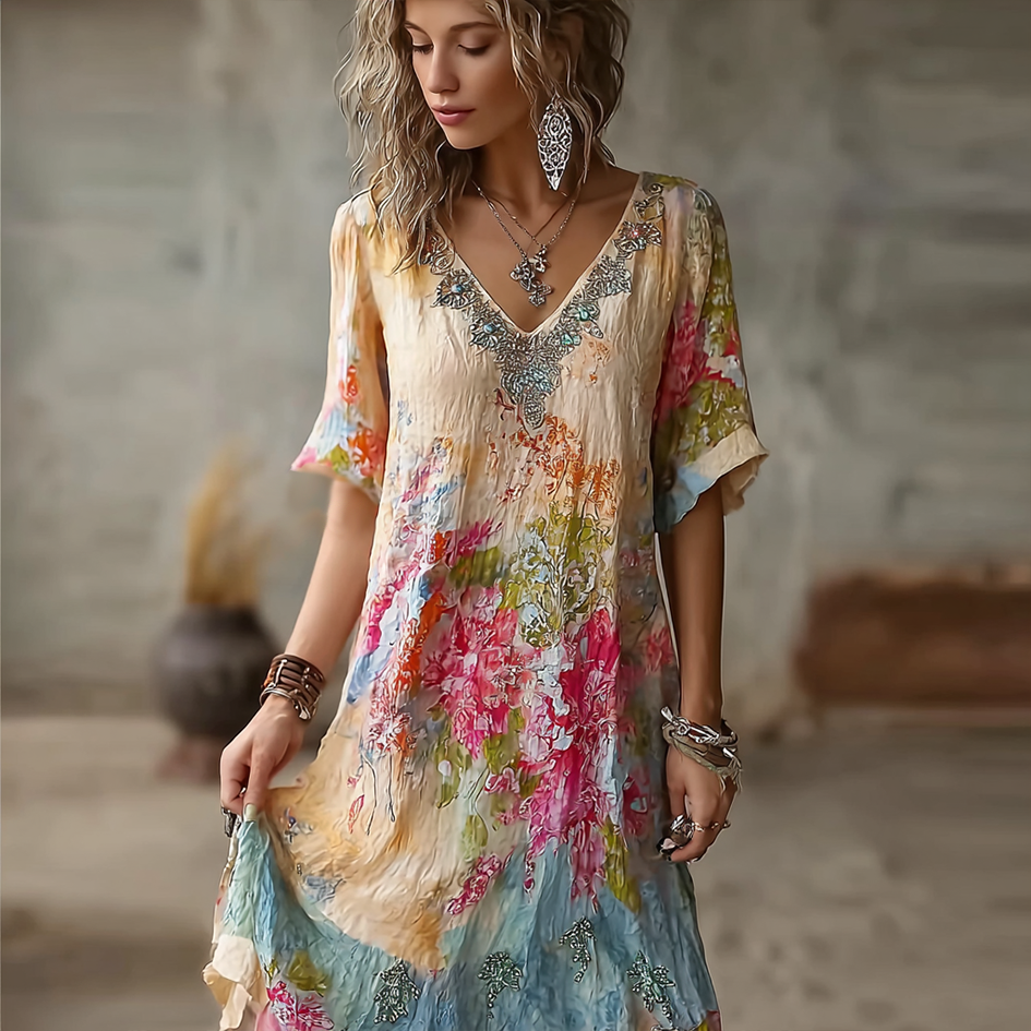 Bohemian Oil Painting Style Floral Pattern Casual Linen Dress