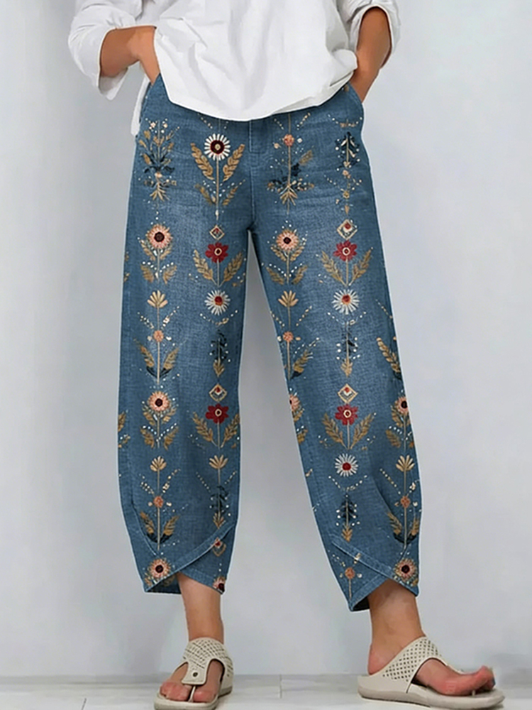 Women's Retro Bohemian Floral Pattern Casual Linen Capri Pants