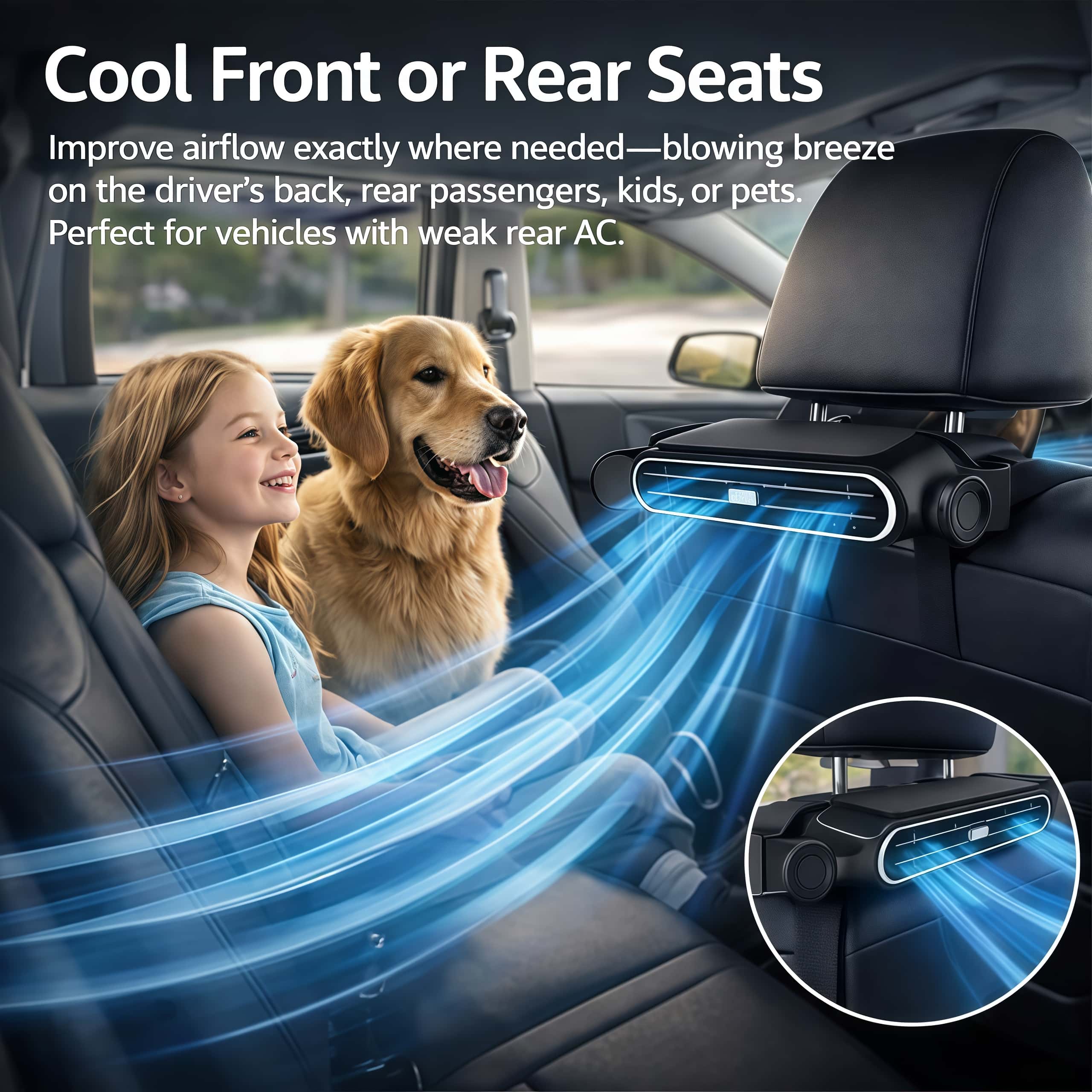 Universal Cordless Car Seat Cooling Fan (For Front or Back Seat Cooling)