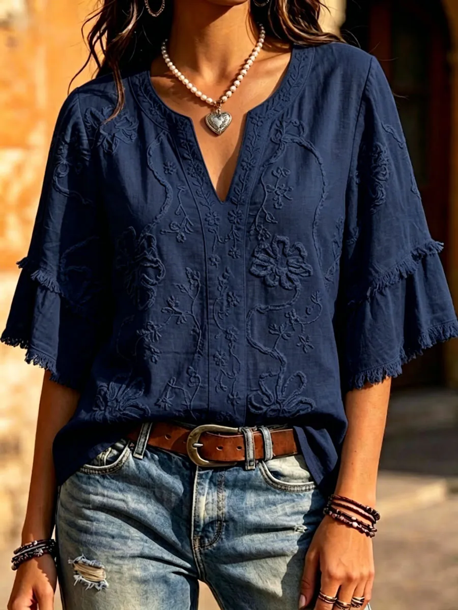 Women'S   Cotton Linen Floral Print Top