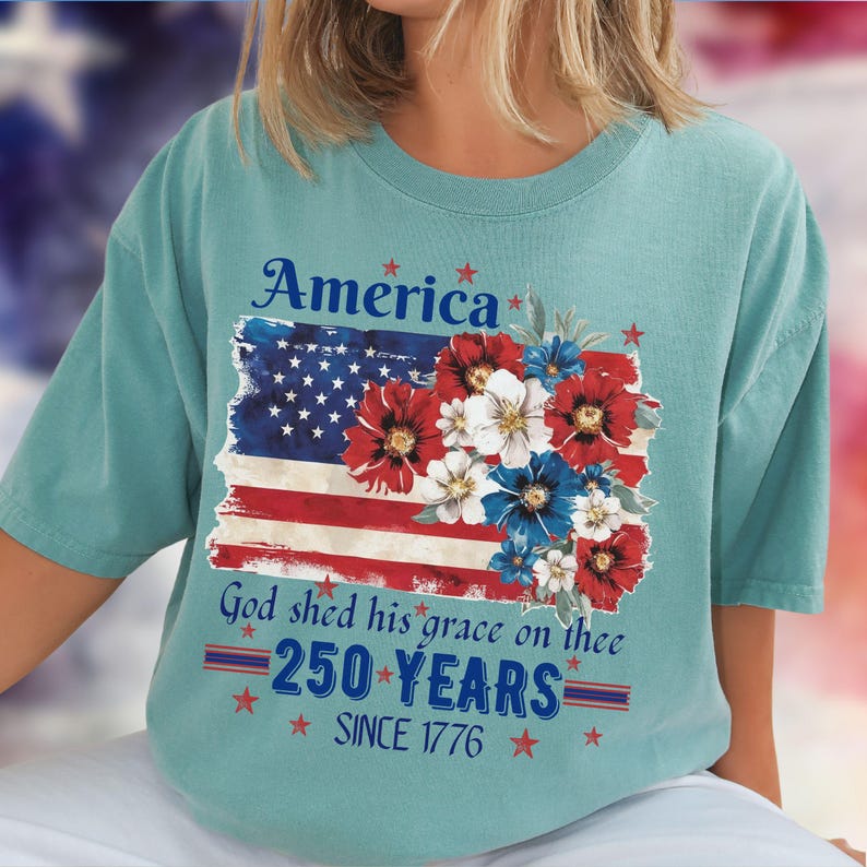 America 250 Years Flag Floral Graphic tshirt, Celebrate 250th Anniversary Patriot Gifted Shirt-4th of July Patriotism Gift USA-Cottagecore