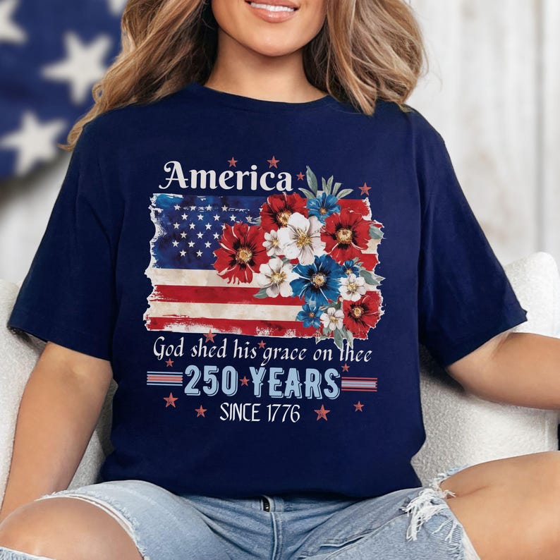 America 250 Years Flag Floral Graphic tshirt, Celebrate 250th Anniversary Patriot Gifted Shirt-4th of July Patriotism Gift USA-Cottagecore