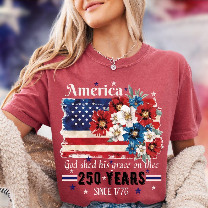 America 250 Years Flag Floral Graphic tshirt, Celebrate 250th Anniversary Patriot Gifted Shirt-4th of July Patriotism Gift USA-Cottagecore