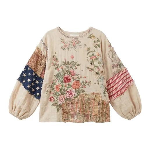 250th Anniversary American Vintage Bohemian Patchwork Blouse - Floral Embroidered Lantern Sleeve Top