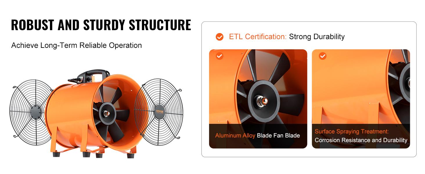 【summerfinds】VEVOR Portable Ventilator, exhaust fan with duct hose for workshop, 12 Inch 585W 3198 CFM Heavy-Duty Cylinder Fan with 16.4 ft Duct Hose for Dust, Smoke, Fumes - Home, Workshop, Garage Use, Portable Blower Blowers, Ventilation Fan Booster